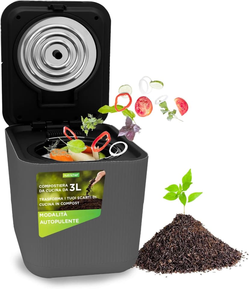 Nutrichef 3L Electric Kitchen Composter - Compost’s Organic Material & Food Scraps | Countertop Automatic Compost Bin | Dry, Crush, & Cooling Functions | Perfect for Kitchens & Apartments | Grey - 1