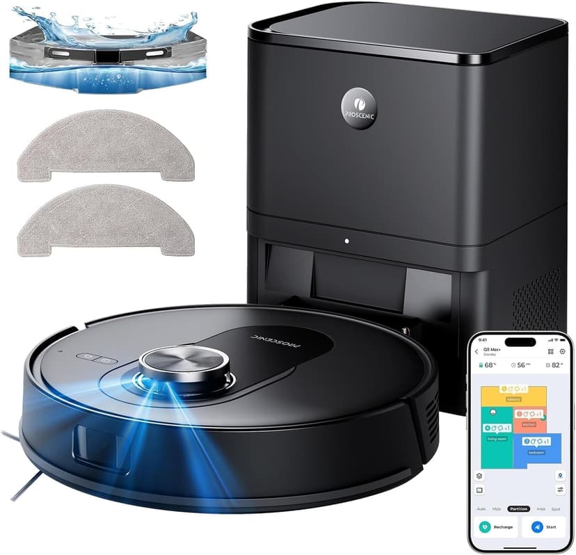 Proscenic Q8 Max+ Robot Aspirateur Laveur,8000Pa 200Mins Aspirateur Robot avec Serpillière et Vidage Automatique Station,Navigation Lidar,Multi-étage Cartographie,pour Poils Animaux Tapis Sols Durs - 1