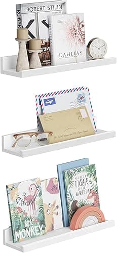 SONGMICS Wall Shelf 3 Set Floating Shelves Ledge for Picture Frames and Books, 38 x 10 cm, MDF White LWS38WT