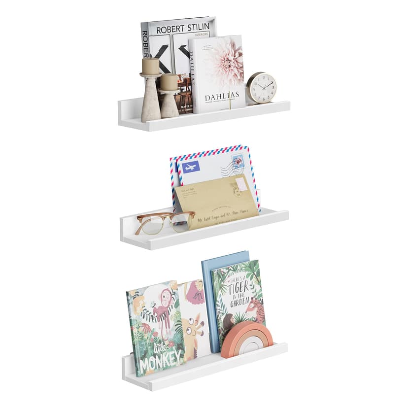 SONGMICS Wall Shelf 3 Set Floating Shelves Ledge for Picture Frames and Books, 38 x 10 cm, MDF White LWS38WT - 1