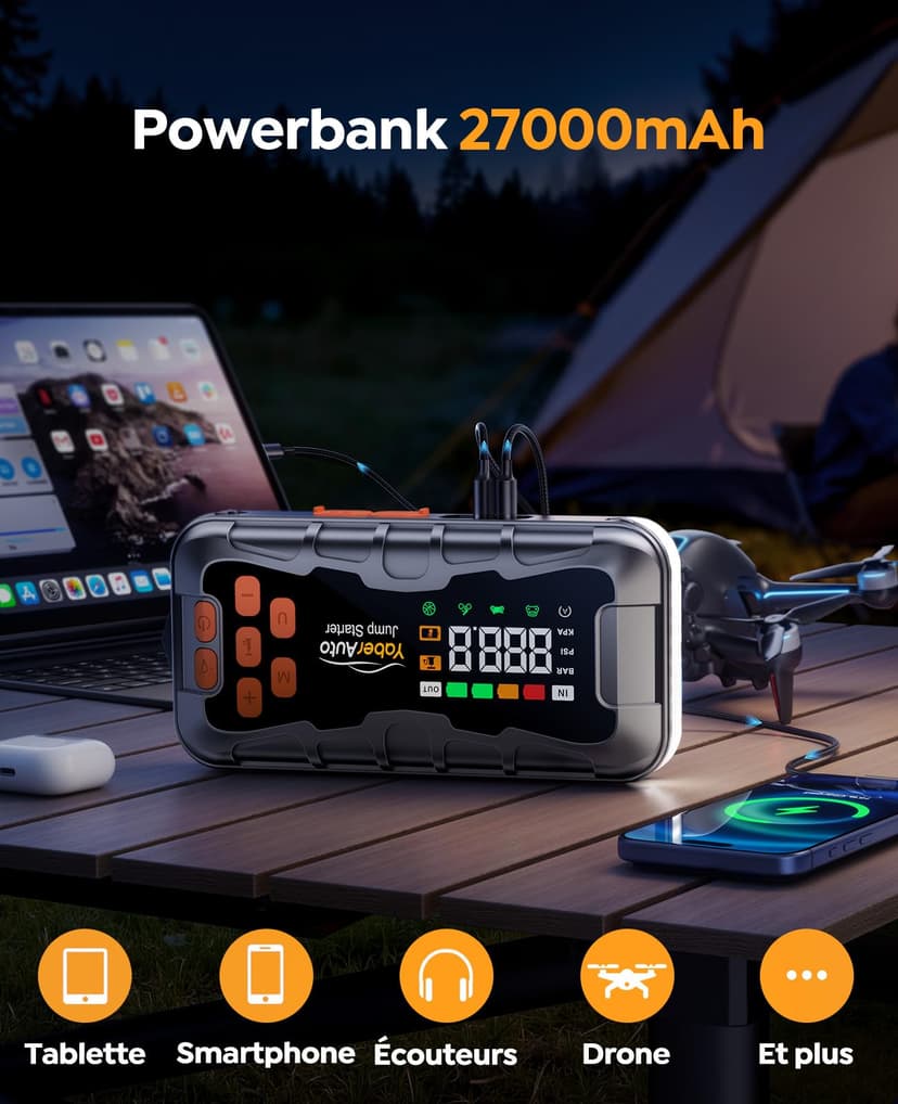 16-IN-1 Jump Starter Power Pack 27000mAh 7000A with Air Compressor 160PSI, Car Battery Booster Jump Starter (All Gas/14L Diesel/Hybrid) with Tire Repair Kit, Hook Stone, Tow Rope,Gloves, 800 Lumen - 4