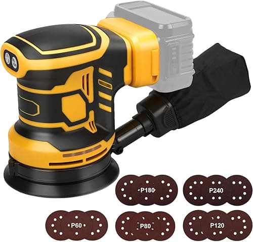 Roadtime Orbital Sander for DeWalt 20V Akku (without battery), Orbital Sander 125 mm, 3 Speeds 7000-11000 U/min with 15 Sheets of Sand Paper, Dust Collection System, for Wood Working