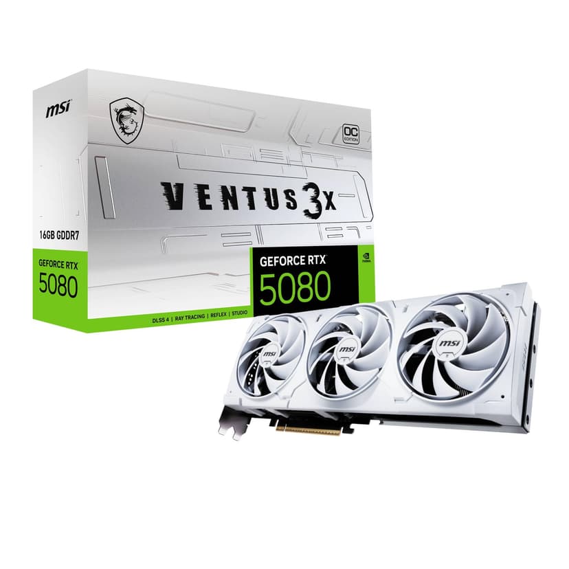 MSI NVIDIA GeForce RTX 5080 16G VENTUS 3X OC WHITE Carte Graphique - 16 Go GDDR7 (30 GB/s /256 Bits), PCIe 5.0 - Triple Ventilateur (3X Ventilateurs TORX 5.0), HDMI 2.1b, DisplayPort 2.1b - 1