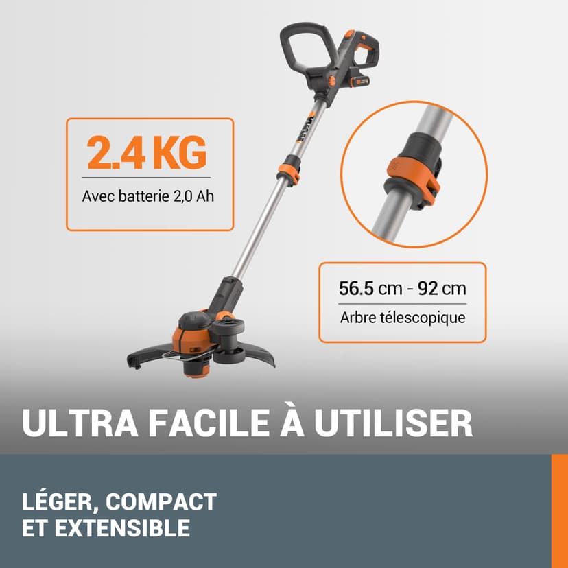 WORX Coupe-Bordures 2 en 1 sans Fil 20V WG163E.1, diamètre de 30 cm, se transforme en dresse-bordures, poignée Amovible, capot de protection, tête amovible 90°, livré avec une batterie 2Ah et chargeur - 6