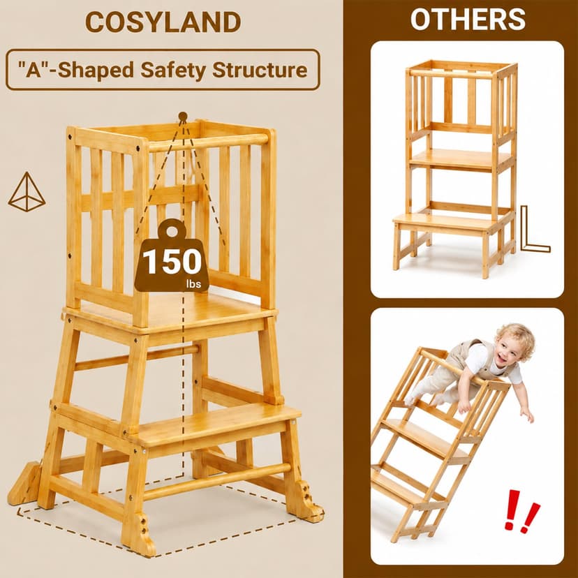COSYLAND Montessori Learning Tower for Children from 1 Year - Safe Children's Learning Tower from 2 Years - Sturdy Toddler Tower, Natural Colour - 4