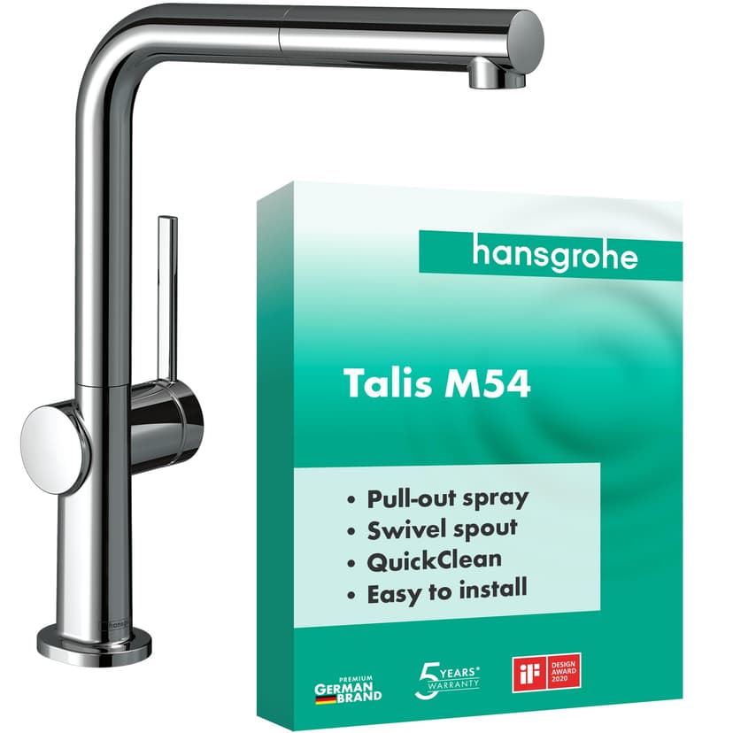 hansgrohe Talis M54 - kitchen tap with pull-out spray, 1 spray, kitchen sink tap with spout height 270 mm, kitchen mixer tap with swivel spout, chrome, 72808000 - 1