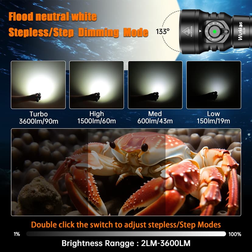 Wurkkos DL08 Underwater Diving Lamp, 3600 Lumens, Range of 274 Metres, Red Light and UV Diving Light, Gradual Dimming, IPX8 CRI 90, for Underwater Photography - 3