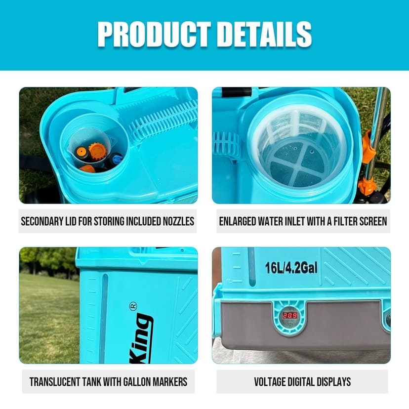 SideKing Pulvérisateur à Dos 16L, Pulvérisateur Électrique Compatible avec Makita 18V, Pression Réglable 7 Bar, Lance Télescopique, Soutien Lombaire, Pulvérisateur de Jardin pour Toiture & Terrasse - 7