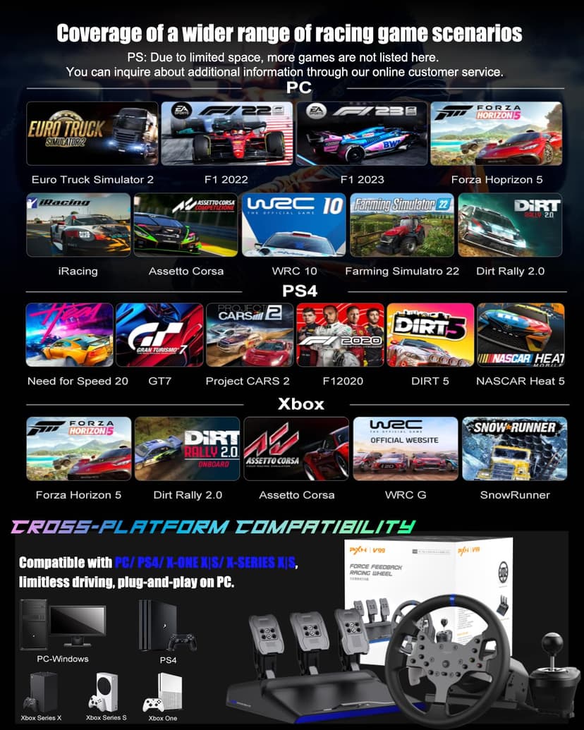 PXN V99 Gaming Steering Wheel, Driving Force Feedback Steering Wheel with Pedals and Shifter - 3.2NM, 270°&900°, 11.8 inch, 4 Paddle Shifters, Tools APP - Racing Steering Wheel for PC, Xbox and PS4 - 8