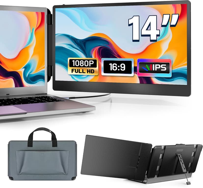 domyfan 14" Laptop Monitor, FHD 1080P IPS Dual Laptop Screen, HDMI/USB-A/Type-C Plug and Play for Windows,Mac,Chrome,Android, Xbox, PS5, Work with 13.3"-17" Laptops - 1