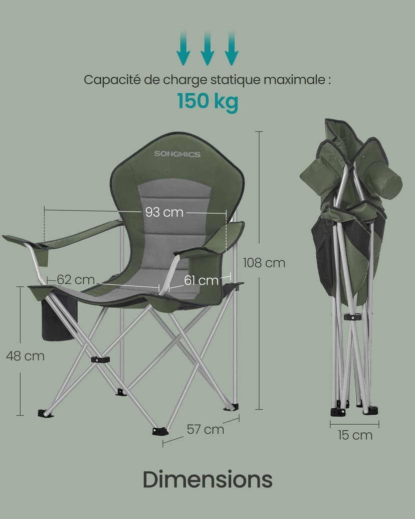 SONGMICS Lot de 2 Chaises Pliantes Camping, Siège Large, Dossier Haut, Chaises de Pêche Portables avec Porte‑Gobelet, Support pour Téléphone, Organiseur en Tissu, Vert et Gris GCB005CD01-2J - 6