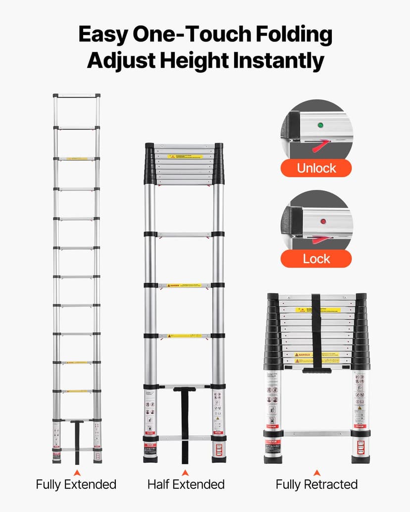 VEVOR 12.5ft Telescoping Ladder, Aluminum Lightweight Multi-Purpose Collapsible Extension, One-Touch Retraction Ladder, Heavy Duty 330LBS Max Capacity with Non-Slip Feet, for Home, Outdoor Work, Loft - 4