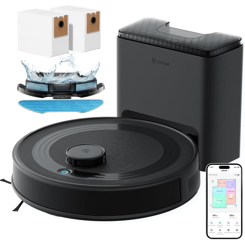 Lefant M2 Plus Aspirateur Robot Laveur avec Station 6000Pa Vidage Automatique Poussière,Navigation Laser Cartographie,Évitement d'obstacles PSD,Idéal pour Poils d'animaux/Tapis, WiFi/App/Alexa, Noir - 1