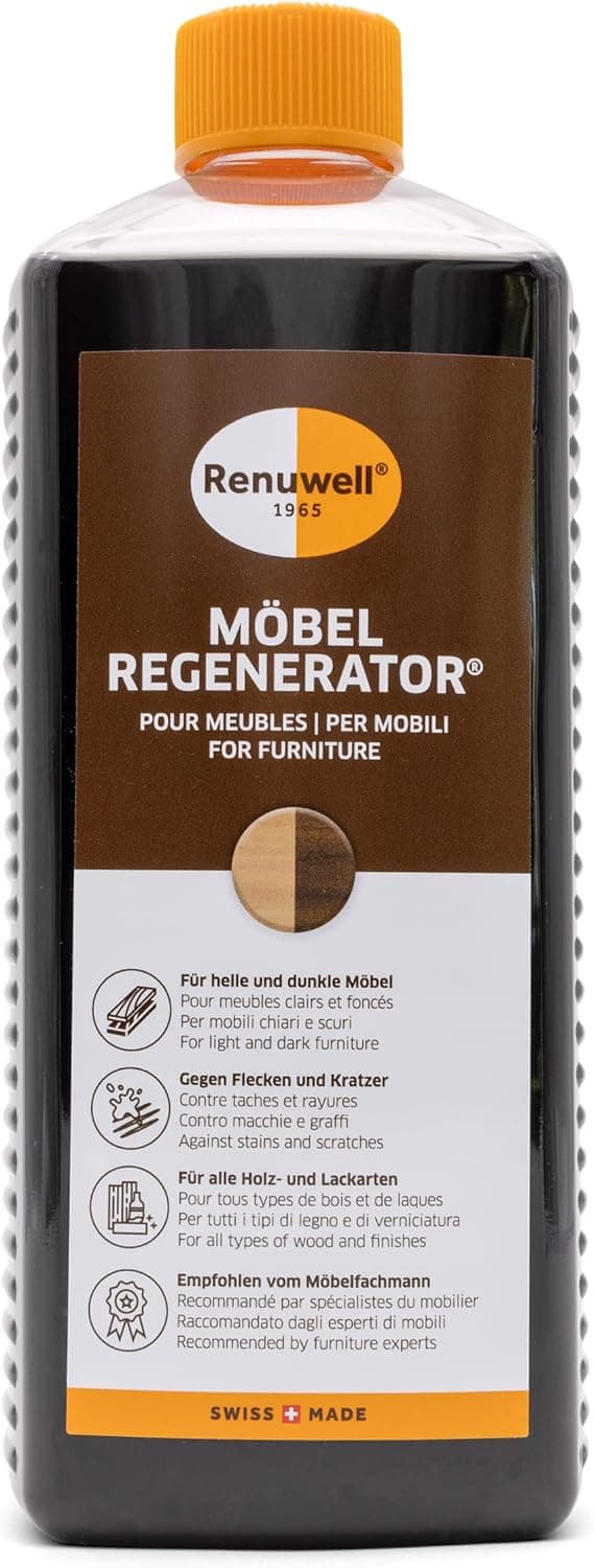 Renuwell Furniture Restorer, 1000ml – Intensive Care & Regeneration for Wooden Furniture & Surfaces, Removes Water Marks, Scratches & Heat Rings, Premium Swiss-Made Wood Polish - 1