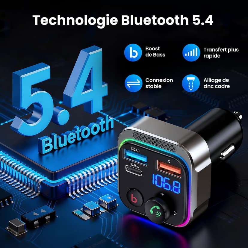 GizmoVine Bluetooth 5.4 FM Transmitter Car Adapter 63W (PD 45W & 18W) [Light Switch] [HiFi Bass Sound] [Fast Charging] Wireless Radio Music Adapter LED Display Zinc Alloy Hands-Free Calling Support - 4
