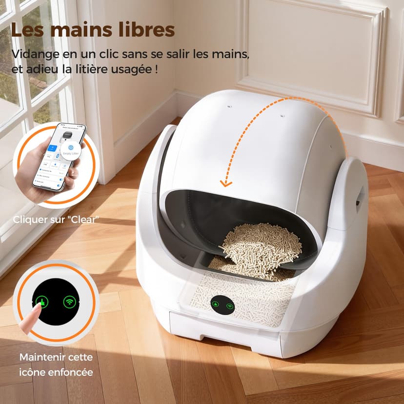 Self Cleaning Cat Litter Tray Open Top, Odor Control, Ready to Use, Automatic Litter Box, Large Capacity with APP Control and Safety Sensor, Ellenpent, with Trash Bags/Litter Mat (White) - 8