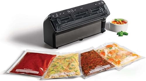 FoodSaver Scelleuse Elite Tout-en-un Liquide+ | Des aliments frais jusqu’à 5x plus longtemps* | Scellage liquide | Avec 1x rouleau (28 cm x 2,43 m) & 4 x Sacs de scellage sous vide (0,94 l & 3,78 l)