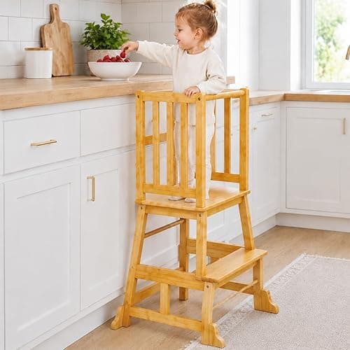 COSYLAND Montessori Learning Tower for Children from 1 Year - Safe Children's Learning Tower from 2 Years - Sturdy Toddler Tower, Natural Colour
