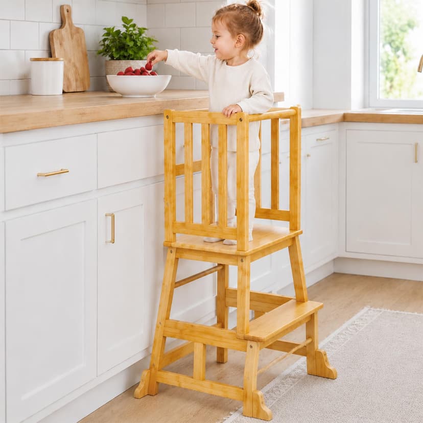 COSYLAND Montessori Learning Tower for Children from 1 Year - Safe Children's Learning Tower from 2 Years - Sturdy Toddler Tower, Natural Colour - 1