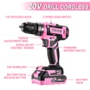 DEKOPRO Cordless Drill 20 V Pink Electric Screwdriver - Pink Screwdriver for Women - Complete Kit with 2 x 1.5Ah Batteries and Charger - 2