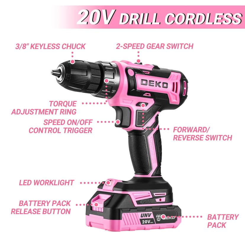 DEKOPRO Cordless Drill 20 V Pink Electric Screwdriver - Pink Screwdriver for Women - Complete Kit with 2 x 1.5Ah Batteries and Charger - 2