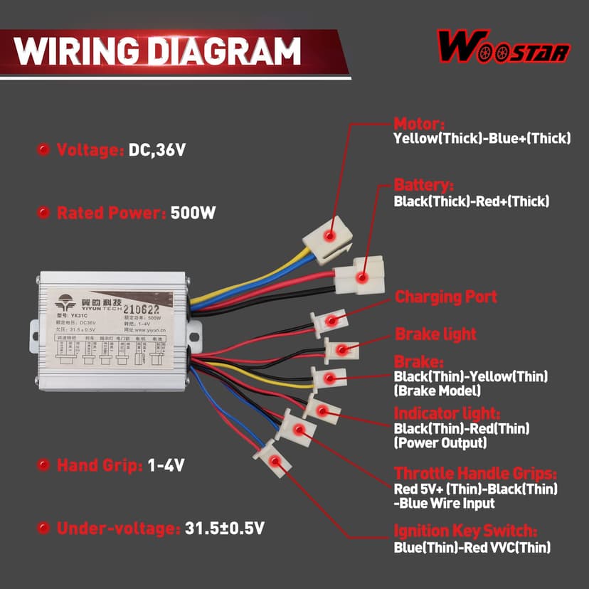 WOOSTAR Motorcycle Speed Controller 36V 500W Replacement for Electrical Scooter E Bike Bicycle Tricycle Brush - 6