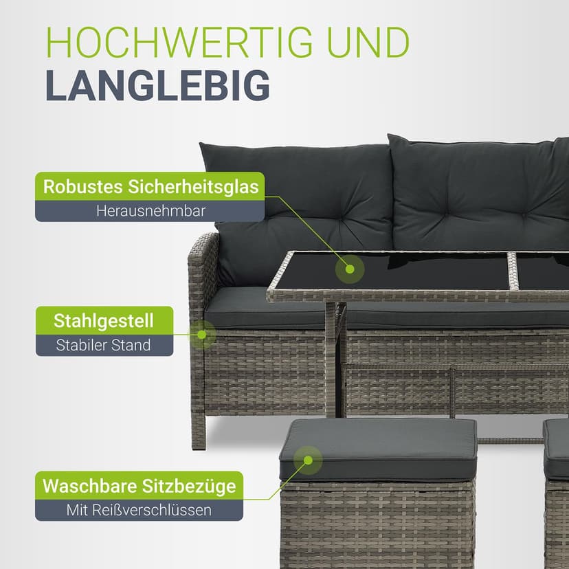 Juskys Manacor Grey Mottled Polyrattan Lounge - Garden Lounge with Sofa, Table, 2 Stools and Cushions - Garden Furniture Set for up to 7 People - Seat Covers in Grey - 5