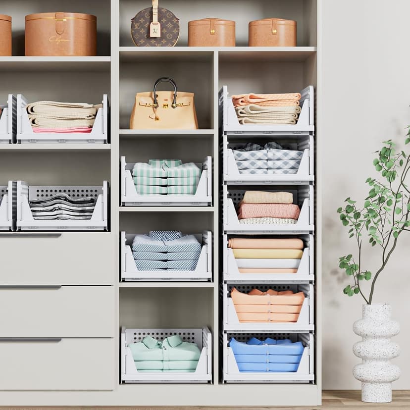 caktraie Organizador de armario plegable, paquete de 8 cajas de almacenamiento apilables, cesta de almacenamiento de plástico, almacenamiento plegable para armario, cocina, baño, color blanco - 3