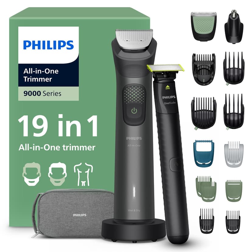 Philips Multigroom 9000 Series All-in-One 19-Piece Trimmer, Shaver & Clipper + OneBlade Trimmer for Men - All-Over Grooming Set for Beard, Nose, Hair & Body, 27 Length Settings (0.2-20 mm), MG9556/15 - 1