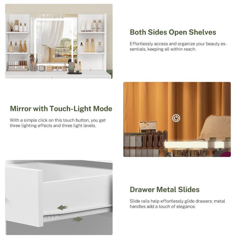 TEENFON Dressing Table with LED Light Mirror & Power Outlet, Vanity Table Makeup Desk with 8 Drawers and 6 Storage Shelves, 3 Color Modes & Adjustable Brightness Vanity desk, L Shape Change, White - 6