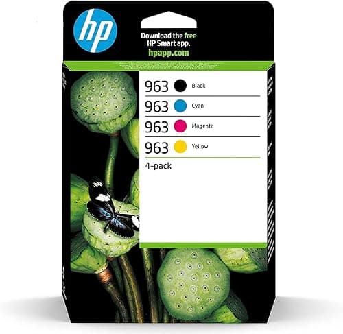 HP 963, Pack de 4 cartouches d'Encre Originales, 6ZC70AE, Noir, Jaune, Cyan, Magenta, Compatible avec les imprimantes OfficeJet Pro 9010 / 9012 / 9014 / 9015 / 9016 / 9019 / 9020 / 9022 / 9025