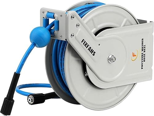 FIXFANS Pressure Washer Hose Reel with Hose, 1/4" x 60ft Retractable, Heavy Duty, Auto Rewind, Wall Mounted, 3600 PSI
