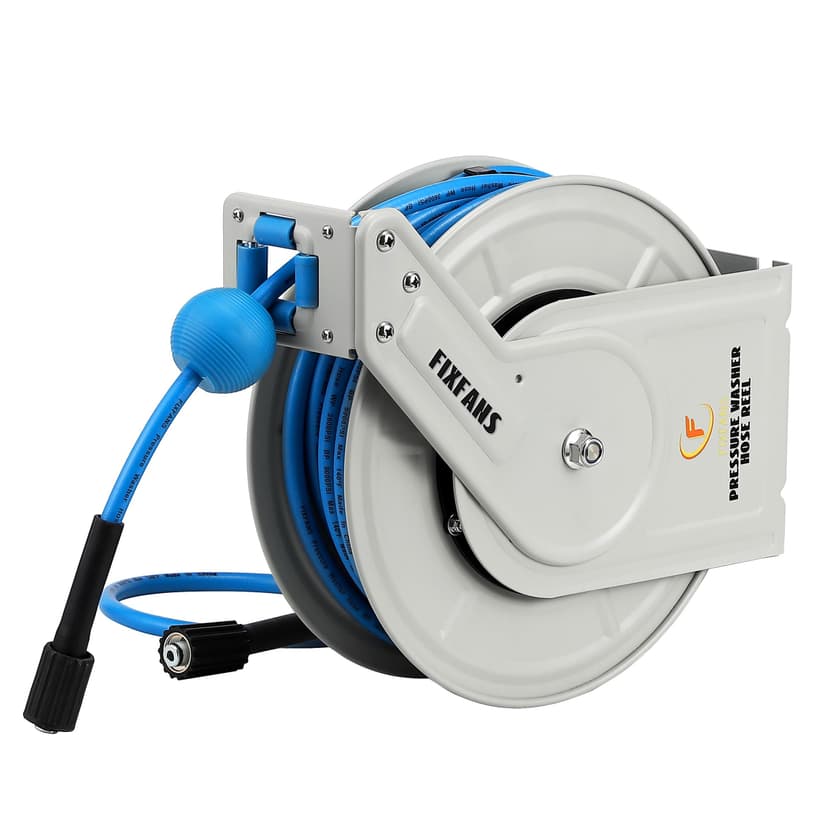 FIXFANS Pressure Washer Hose Reel with Hose, 1/4" x 60ft Retractable, Heavy Duty, Auto Rewind, Wall Mounted, 3600 PSI - 1