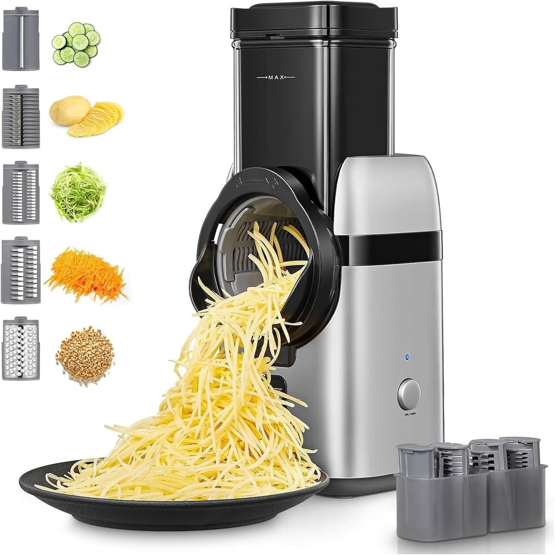 FOHERE Râpe a Légumes Électrique, 5 en 1 Elektrische Reibe, 80W trancheuse à légumes avec plusieurs lames interchangeables et boîte de rangement, râpe pour fruits et légumes-pommes de terre entières