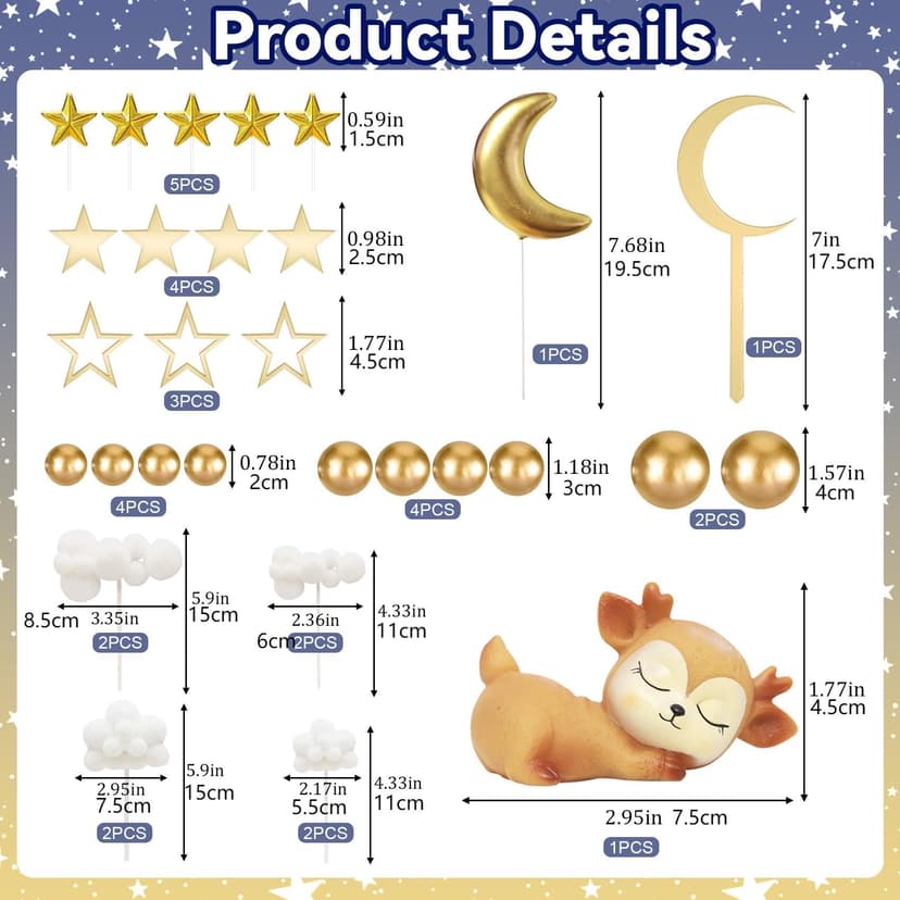 33 Pièces Deco Gateau Bebe Decoration,Cake Topper Lune Étoiles Nuages avec Faon, Décoration de Gâteau pour Bébé, Décoration Gateau Anniversaire Garçon Fille, Décorations de Fête Prénatale - 2