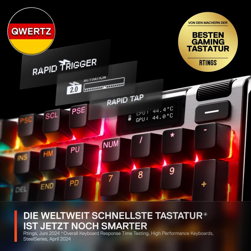 SteelSeries Apex Pro Gen 3 - Gaming Keyboard - Hall Effect Switches; OmniPoint 3.0 - Adjustable Actuation - Game-Ready Presets - Rapid Trigger, Protection Mode, Rapid Tap/SOCD - German QWERTZ - 3