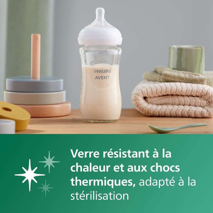 Philips Avent Kit biberons en verre Natural Response pour nouveau-né - 5 biberons, 2 sucettes Ultra Soft 0-6 mois, goupillon, sans BPA (modèle SCD879/11) - 8