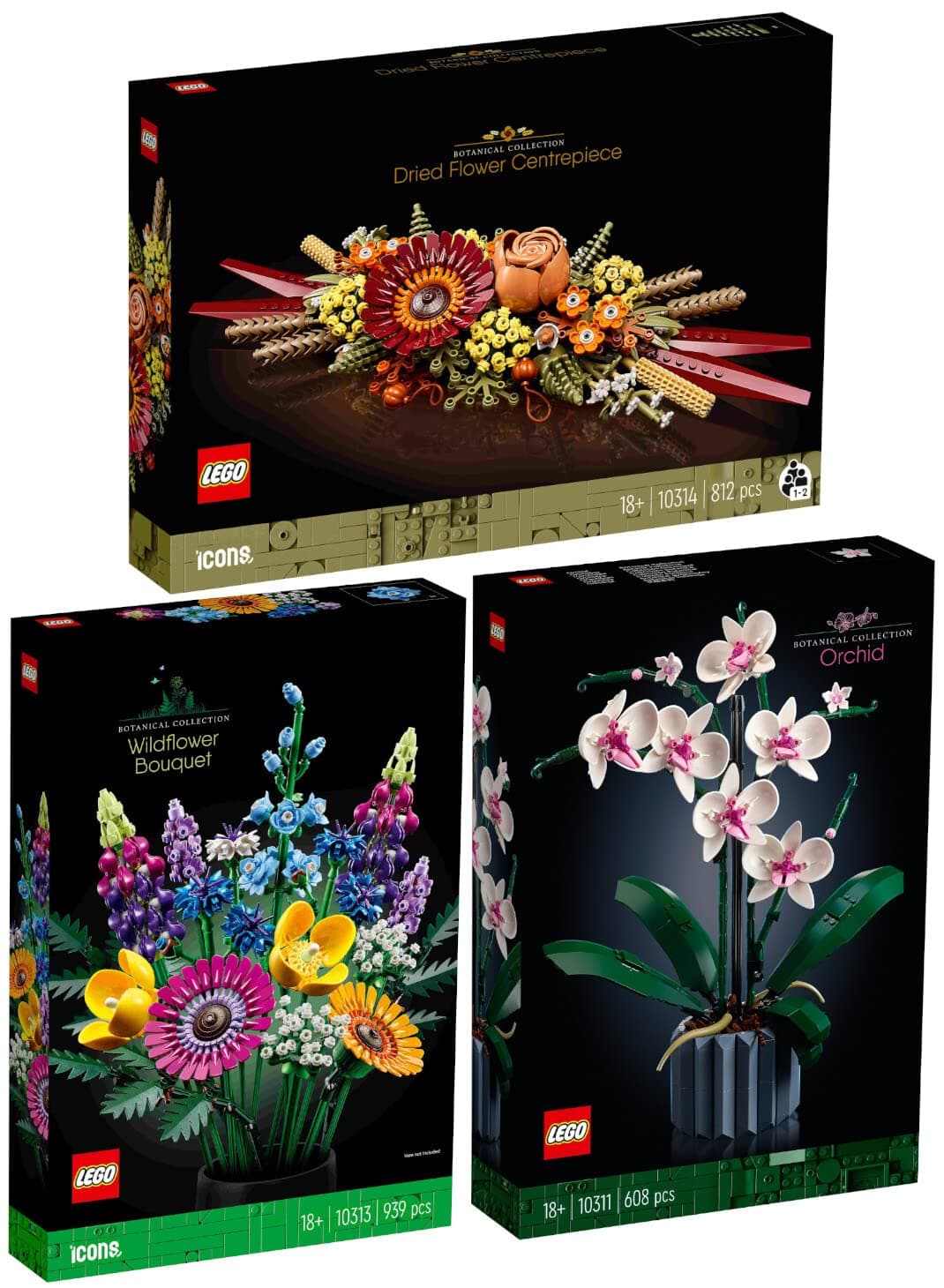 Lego Set of 3: 10311 Orchid, 10313 Wildflower Bouquet & 10314 Dried Flower Arrangement