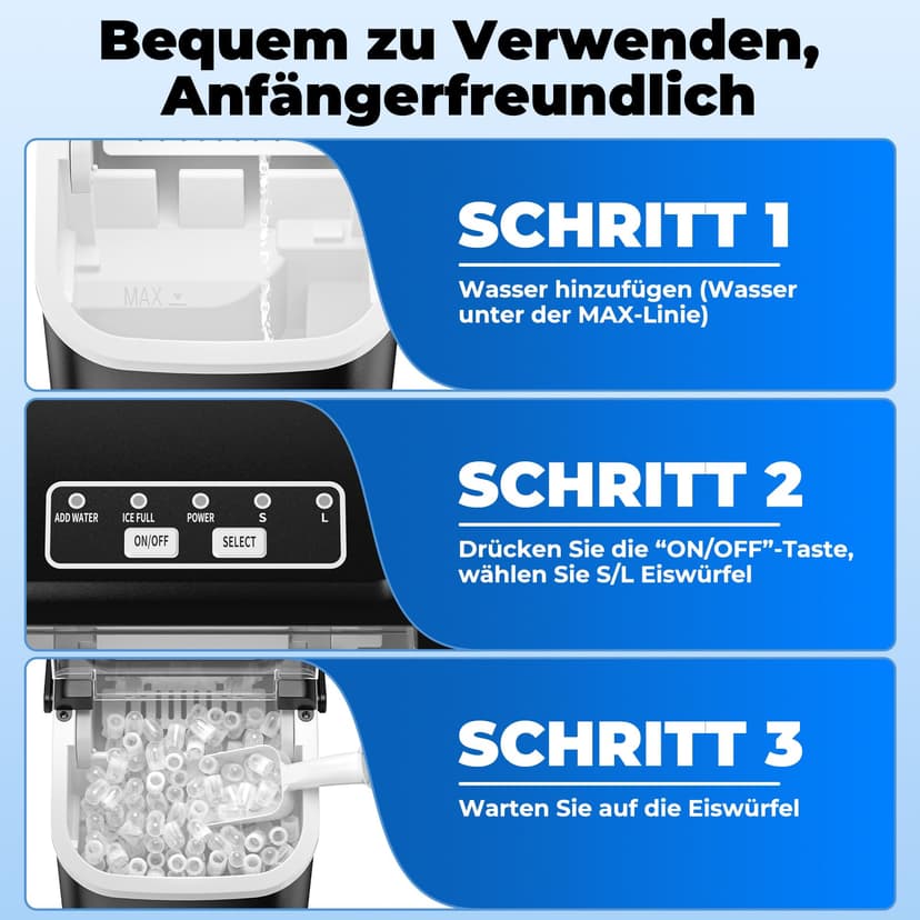 Acmeenjoy Ice Cube Machine 12 kg/24 H, Small Ice Cube Machine, 1.2 L, Self-Cleaning Ice Maker with Handle Ice Cube Basket/Shovel, 8 Ice Cubes in 6-8 Minutes, for Kitchen/Office/Party/Office, RV, Black - 9