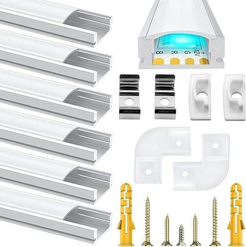 Chesbung 6 Pack U Shape Led Aluminum Profile for LED Strips, 1Meter/3.3ft Led Aluminum Channel with Milky White Cover, Led Track Diffusers with End Caps, Mounting Clips and 90 Degree Corner Connector
