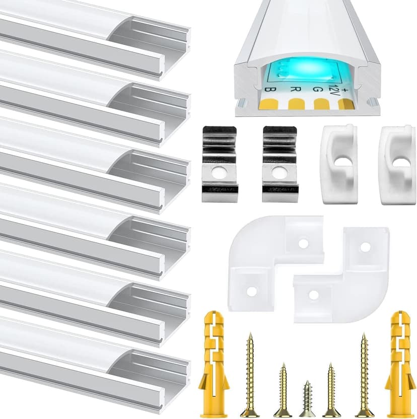 Chesbung 6 Pack U Shape Led Aluminum Profile for LED Strips, 1Meter/3.3ft Led Aluminum Channel with Milky White Cover, Led Track Diffusers with End Caps, Mounting Clips and 90 Degree Corner Connector - 1