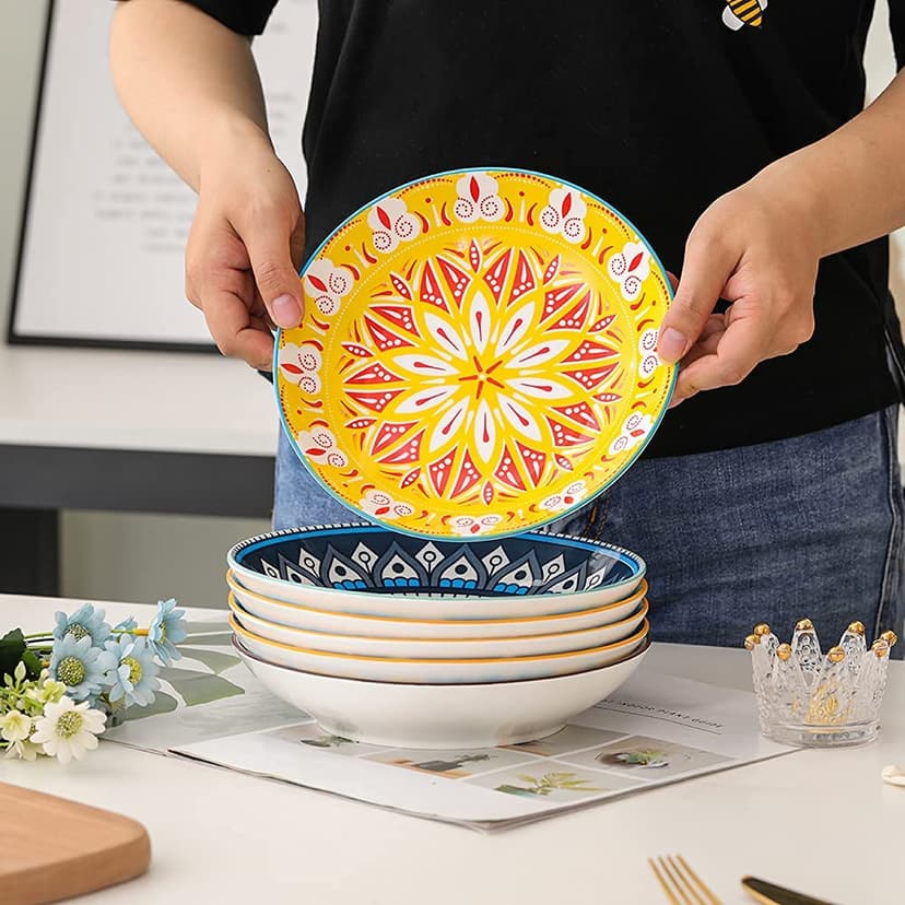 AHX Pasta Bowls Set of 6, 23 oz Shallow Ceramic Bowls for Pasta, Salad, Soup & More - Microwave, Dishwasher & Oven Safe - Colorful Pasta Bowls - 4