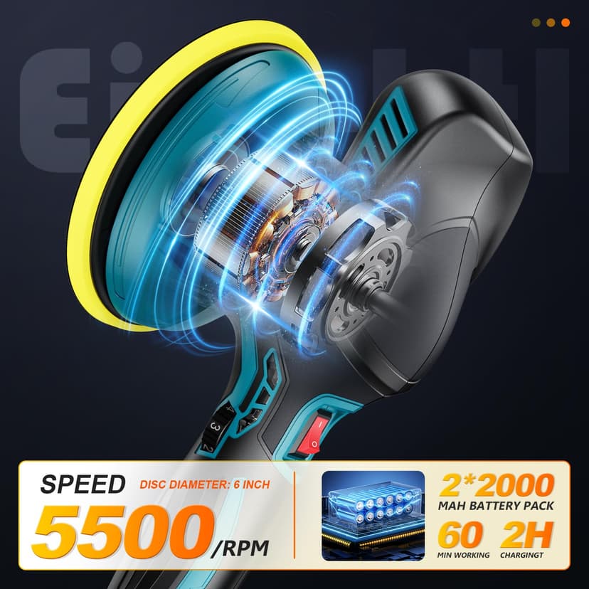 Polisseuse Voiture Sans Fil 150 mm à Double Action avec 2×21V 2000mAh Batteries, 13pcs Kit Polissage Voiture, 6 Vitesses Réglables 5500RPM, Lustreuse Polisseuse Orbitale pour Cirage et Rénovation Auto - 3