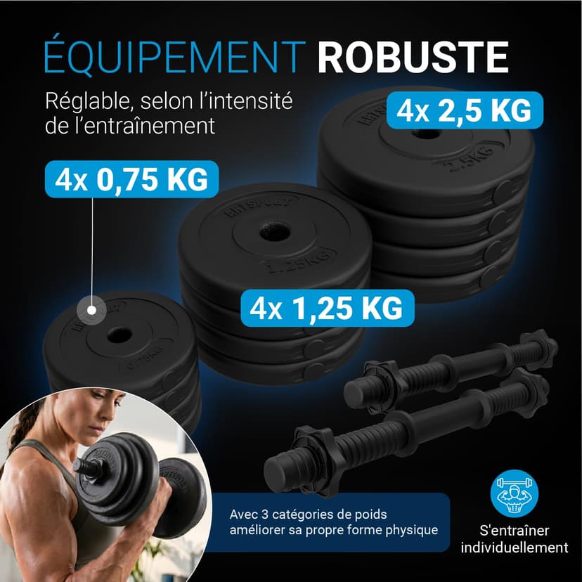 ArtSport Ensemble d'haltères 20 kg – Ensemble d'entraînement de musculation avec 2 haltères courts, 12 disques d'haltères, 4 fermetures en étoile et poignées antidérapantes pour la maison - 3
