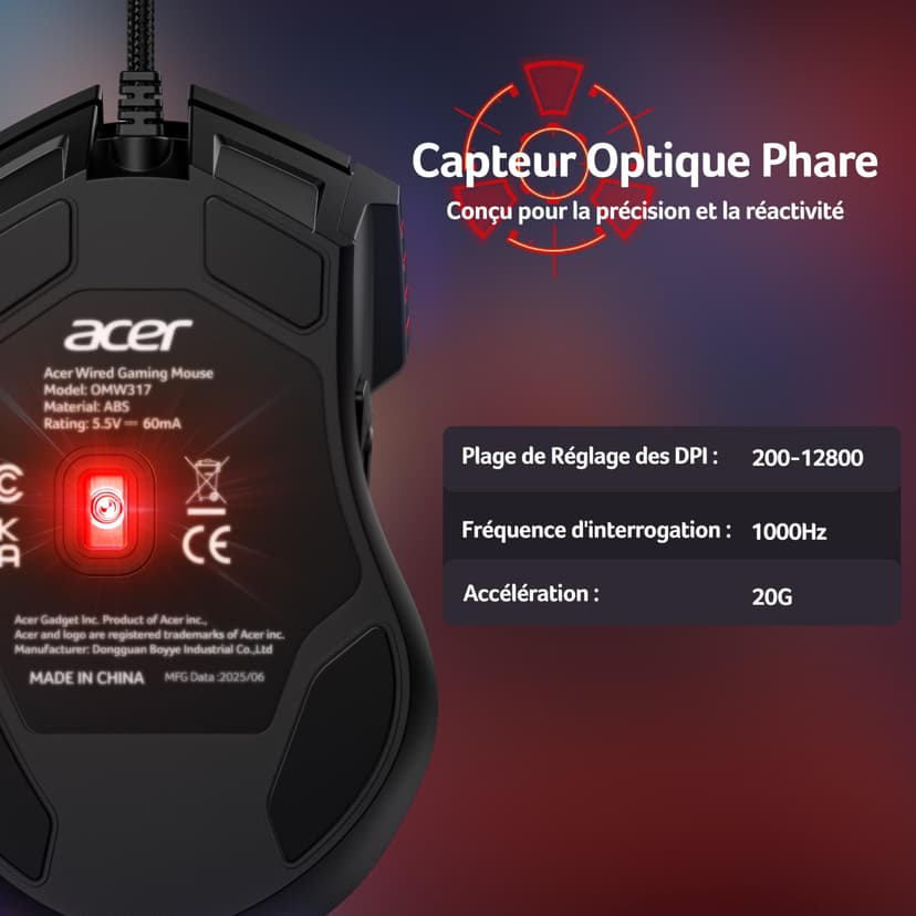 acer Wired Gaming Mouse, 12800 DPI Mouse Gaming RGB, 1000Hz Polling Rate, 8 Programmable Button, 12 Backlights, High Precision, Rapid Fire, Ergonomic Computer Mouse with Driver for Laptop, PC, Mac - 2