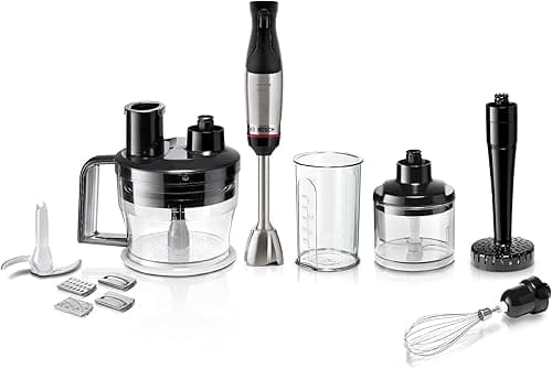 Bosch, Hand Blender, ErgoMaster 6 Series, 1000 Watt Air-Cooled Motor, Extra Wide Speed Variator, QuattroBlade System Pro Mixing System, Accessories Included, MSM6M673