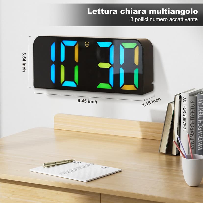 PiKaPiKaP RGB Digital Alarm Clock, 9.6 Inches Digital Wall Clock, USB Powered Alarm Clock with LED Display with Remote Control, 3 Alarm, 3 Inches Large Digit, Snooze, 12/24 Hours for Home Office - 7