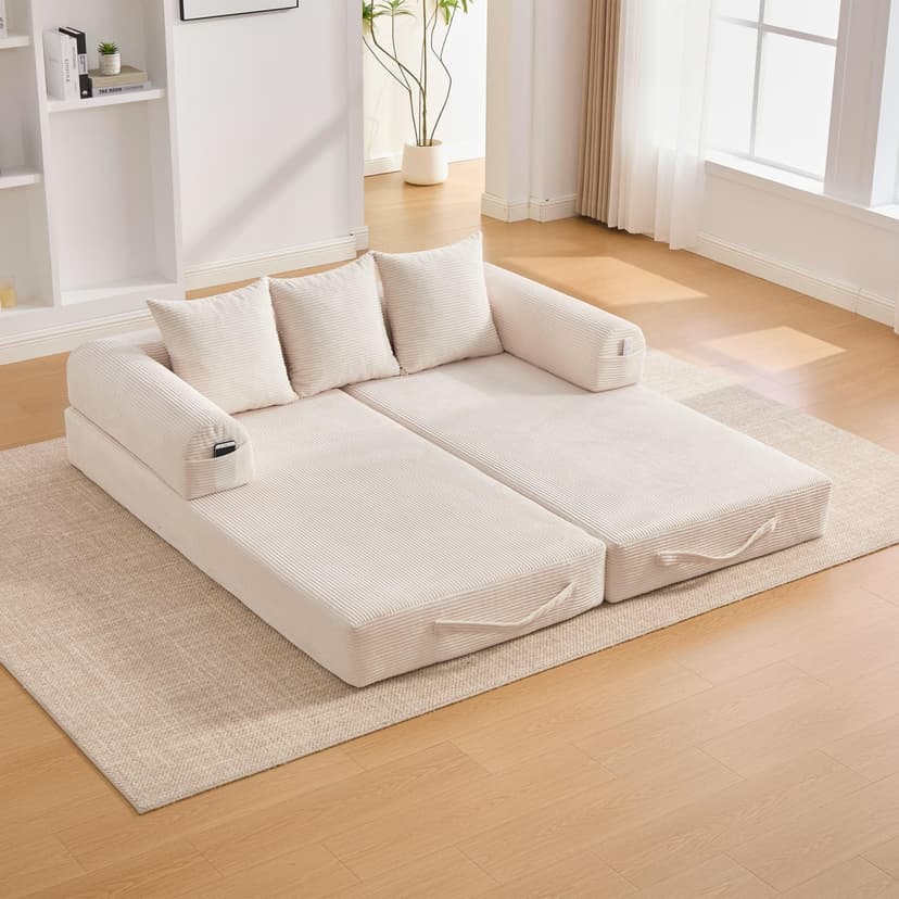2 Seater Corduroy Sofa Bed, Multifunctional Modern Convertible Sofa, Side Pockets and 3 Cushions, DIY Free, for Living Room, Bedroom, Office (Beige-L) - 6