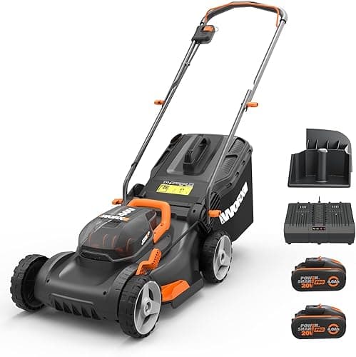 WORX Tondeuse à Gazon sans Fil 40V WG743E, Surface Max 500 m², Coupe de 40cm, Tonte jusqu'aux Bordures, 7 Hauteurs de Coupe, silencieuse, livrée avec 2 Batteries 4Ah et 1 Chargeur Double