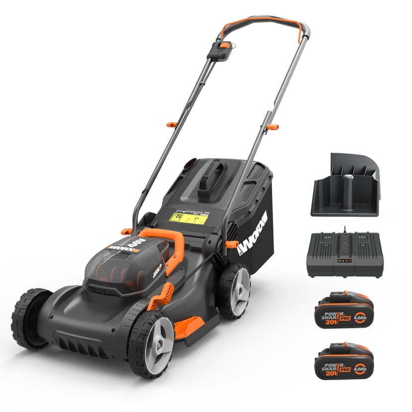 WORX Tondeuse à Gazon sans Fil 40V WG743E, Surface Max 500 m², Coupe de 40cm, Tonte jusqu'aux Bordures, 7 Hauteurs de Coupe, silencieuse, livrée avec 2 Batteries 4Ah et 1 Chargeur Double - 1